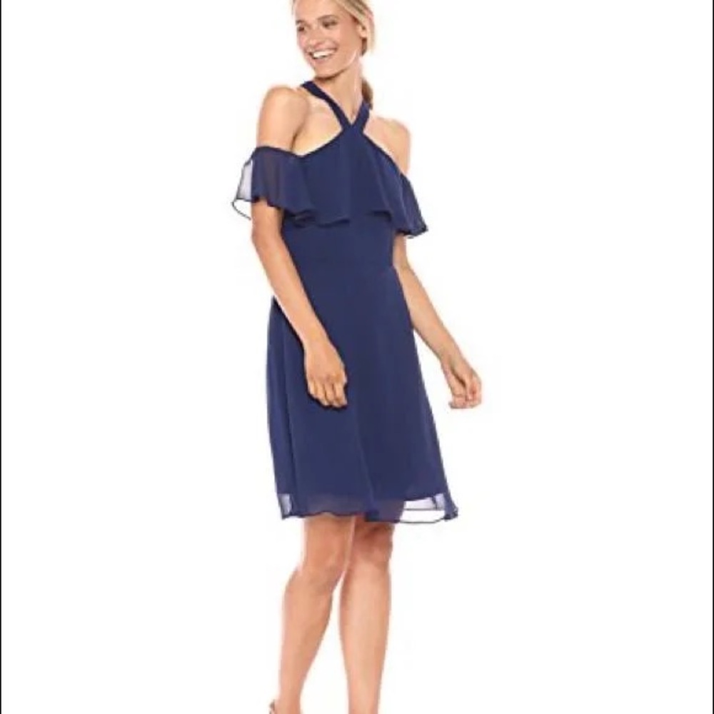 KENSIE Navy Blue Chiffon Off Cold Shoulder Halter Flutter Flare Dress Size 6